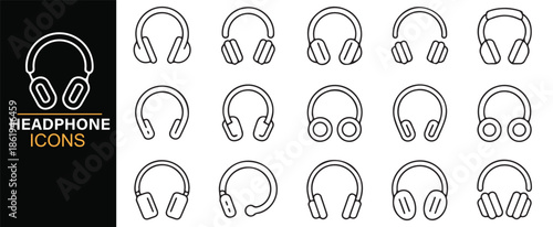 Headphone outline icons set for audio listening and music