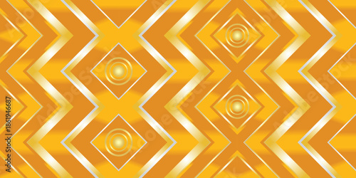 Abstract orange and gold chevron pattern with central glowing circular icons and stripes