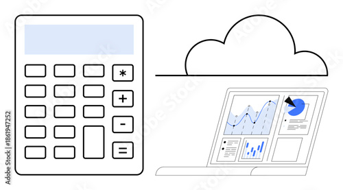 Financial planning, data visualization, cloud computing, accounting, analytics, report management. Image features a calculator and laptop with charts and graphs. Financial planning and data