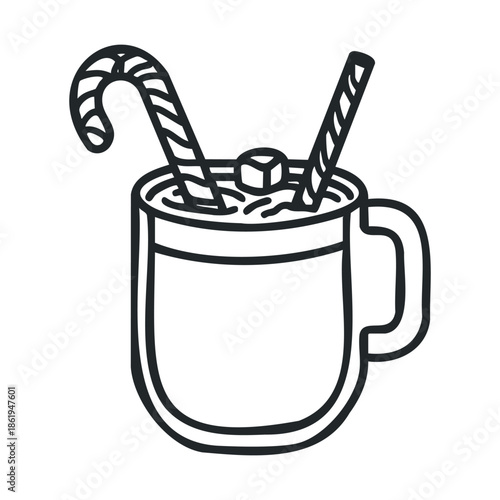 Cozy winter beverage in a mug featuring a festive candy cane and a drinking straw perfect for holiday promotions and seasonal advertising materials