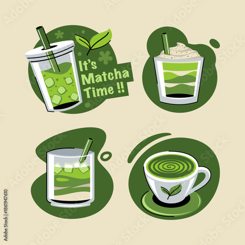 Flat matcha tea label set collection with tea accessories
