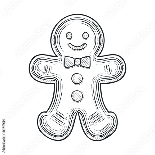 Hand drawn gingerbread man character with a bow tie and button details perfect for holiday baking themes and festive celebration decorations