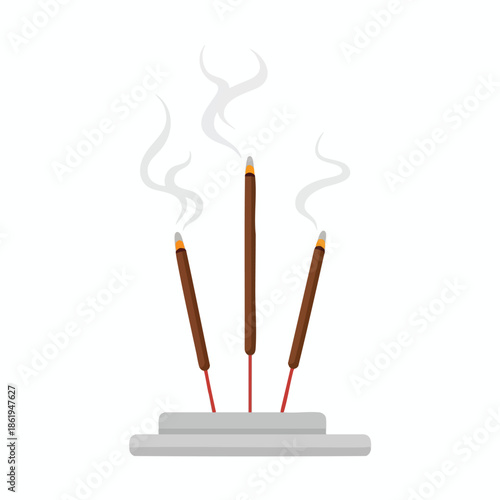 A depiction of three burning incense sticks in a holder, with smoke
