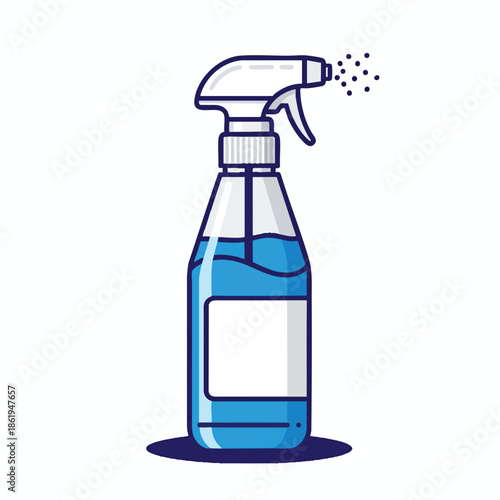 A blue spray bottle dispensing liquid, with a label on the front and droplets sprayed