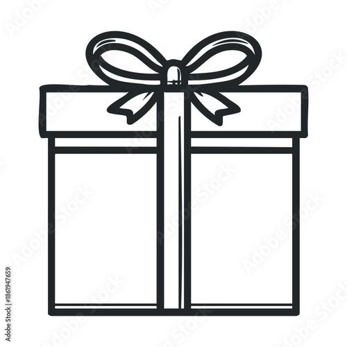 Simple graphic line drawing of a holiday gift box wrapped with a festive ribbon and bow, perfect for celebrations, marketing campaigns, greeting sentiments, or special occasion
