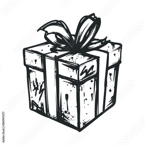 Stylized hand drawn gift box with a ribbon bow and grunge ink splatters perfect for holiday greetings, birthday celebrations, special occasion announcements, or festive event promotions.