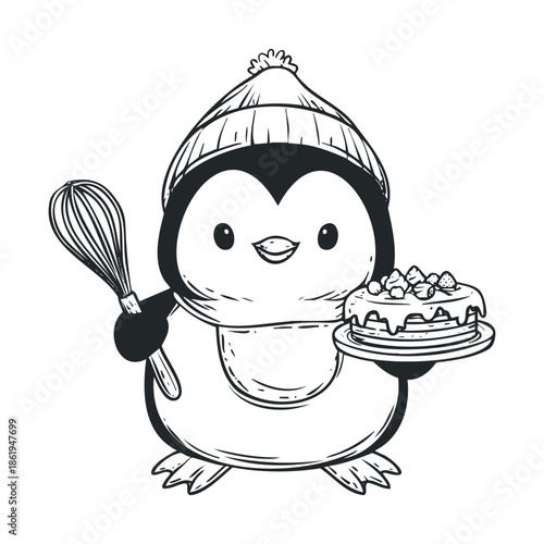 Cute penguin chef with winter hat and scarf holding a whisk and a plate of berry pancakes perfect for holiday season cooking and bakery promotions