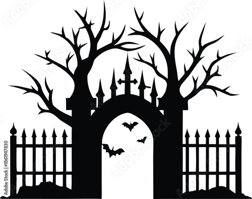 Halloween haunted gate with spooky trees, Creepy cemetery entrance vector illustration