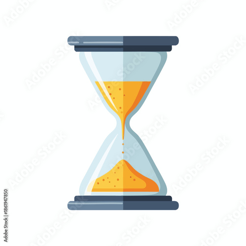 An hourglass, with blue endcaps and a clear center, displaying the passage of golden grains