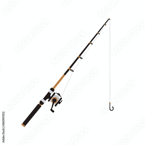 Angled illustration of a fishing rod, reel, line, and hook, with a white backdrop