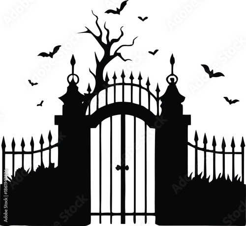 Spooky haunted cemetery gate silhouette, Creepy gothic horror entrance illustration
