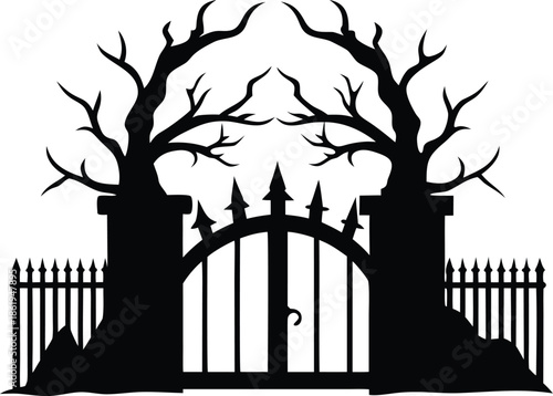 Spooky Halloween gate with twisted trees, Dark cemetery entrance vector silhouette