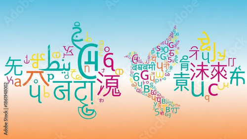 Multilingual Alphabet Letters in Various Colors Flying in Air against Blue and Orange Gradient Background