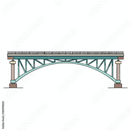 A cartoon bridge with a blue and beige arch and railings, on a white background