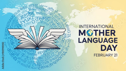 International Mother Language Day Poster with Globe and Open Book on Multilingual Background