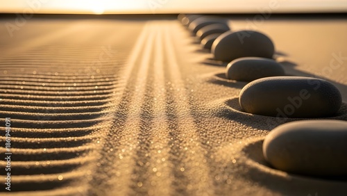 Serene Zen Stones on Sandy Beach at Sunset