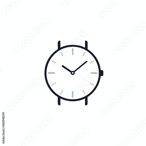 A minimalist wristwatch illustration showing hands, markers, and lugs
