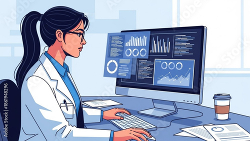 Female Scientist Analyzing Data on Computer in Laboratory