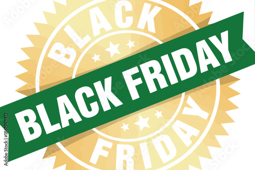 Black Friday sale sticker with green ribbon and gold seal.