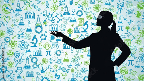 Silhouette of Woman Explaining Science Concepts on White Background with Blue and Green Icons