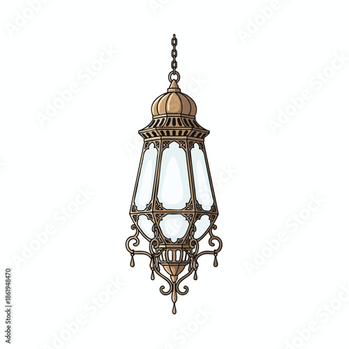 An ornate hanging lamp in a classic style with bronze and glass accents