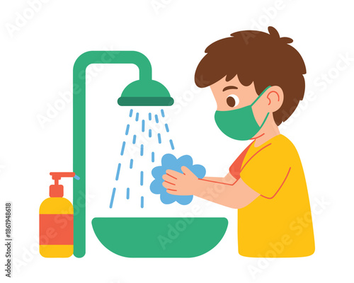 A child wearing a mask washes hands under running water in a basin.