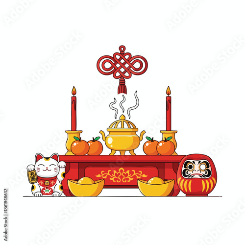 A festive illustration with a waving cat, table of offerings, candles, and a traditional doll