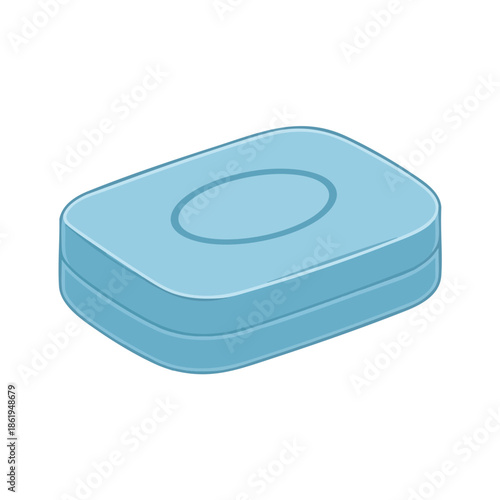 A light blue bar of soap with rounded edges, has a oval inset and stacked look