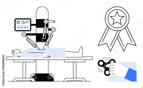 Advanced healthcare, medical advancements, robotics, innovation, therapy tools, recognition awards. Robotic arm performing surgery, award icon fidget spinner. Healthcare innovation and medical