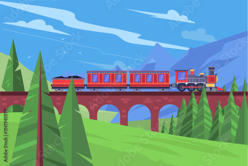 Flat vector landscape illustration with vintage steam train crossing stone bridge among mountains and pine forest. Scenic railway travel background for tourism, nature, adventure concepts.