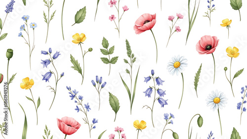 Modern vector watercolor-style floral and nature wallpaper with wildflowers, grasses, and leaves in seamless repeating layout, soft organic background ideal for interiors, textiles, and branding