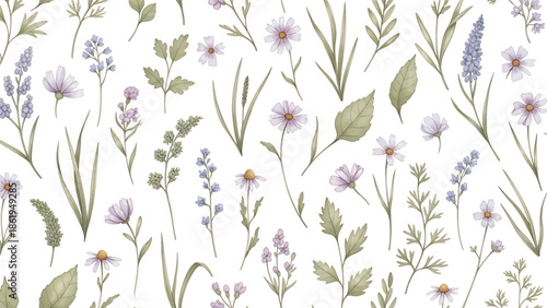 Modern vector watercolor-style floral and nature wallpaper with wildflowers, grasses, and leaves in seamless repeating layout, soft organic background ideal for interiors, textiles, and branding
