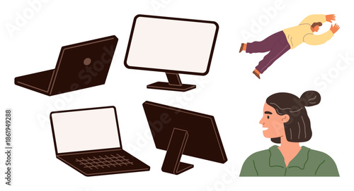 Laptop, desktop monitors, user profile, and a flying figure symbolizing tech usage, innovation, creativity, teamwork, remote work collaboration communication and digital transformation. Simple