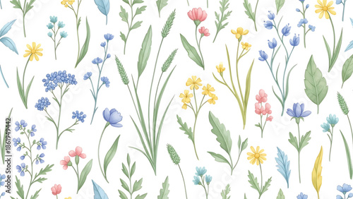Modern vector watercolor-style floral and nature wallpaper with wildflowers, grasses, and leaves in seamless repeating layout, soft organic background ideal for interiors, textiles, and branding