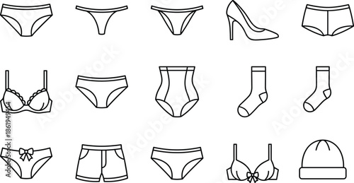 Black and white clothing icons, underwear, socks, bras, accessories, fashion sketch, minimalist style, apparel set, lingerie, line drawing