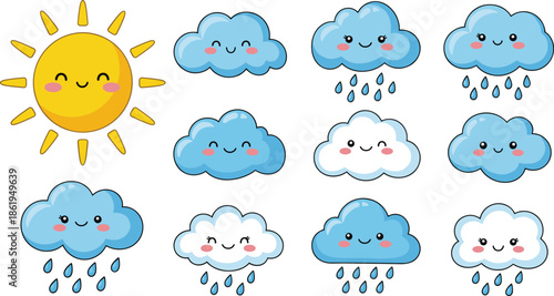 Cute cartoon weather icons: happy smiling sun, collection of adorable blue and white clouds, and playful raindrops, bright summer spring forecast design element.