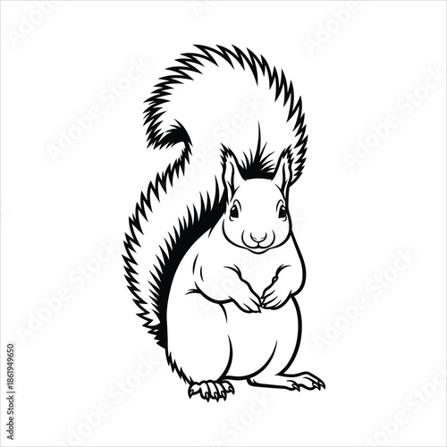 Illustration of a cute squirrel with bushy tail in black and white