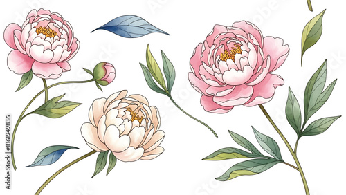 Modern vector watercolor-style floral wallpaper with peonies, leaves, and curved stems arranged harmoniously, elegant botanical nature background for interior and surface design use