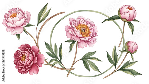 Modern vector watercolor-style floral wallpaper with peonies, leaves, and curved stems arranged harmoniously, elegant botanical nature background for interior and surface design use
