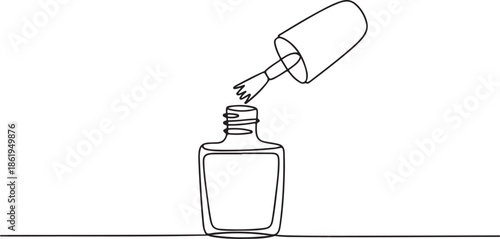 A minimalist, continuous line drawing of an open nail polish bottle and its applicator brush.