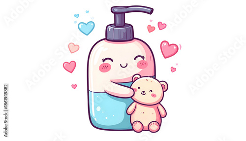 Adorable illustrated hand sanitizer hugging a teddy bear, surrounded by hearts