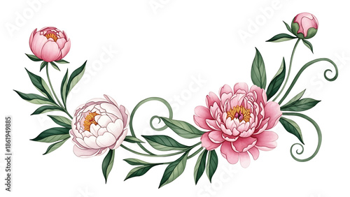 Modern vector watercolor-style floral wallpaper with peonies, leaves, and curved stems arranged harmoniously, elegant botanical nature background for interior and surface design use