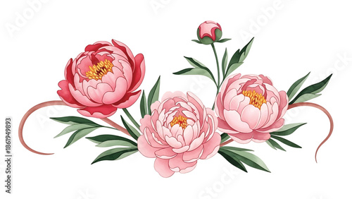 Modern vector watercolor-style floral wallpaper with peonies, leaves, and curved stems arranged harmoniously, elegant botanical nature background for interior and surface design use