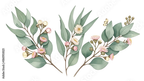 Modern vector watercolor-style botanical wallpaper with eucalyptus branches and delicate blossoms, calming nature-inspired background suitable for interiors, packaging, and lifestyle branding