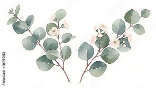 Modern vector watercolor-style botanical wallpaper with eucalyptus branches and delicate blossoms, calming nature-inspired background suitable for interiors, packaging, and lifestyle branding