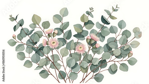 Modern vector watercolor-style botanical wallpaper with eucalyptus branches and delicate blossoms, calming nature-inspired background suitable for interiors, packaging, and lifestyle branding