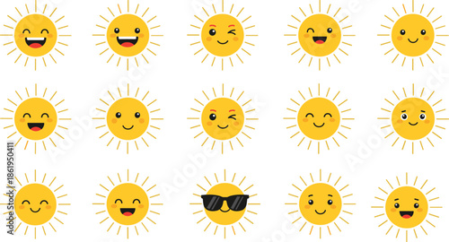 Cute sun emoji faces set, happy summer suns with rays, cartoon smiling yellow sunshine characters collection, winking and cool sunglasses icons.