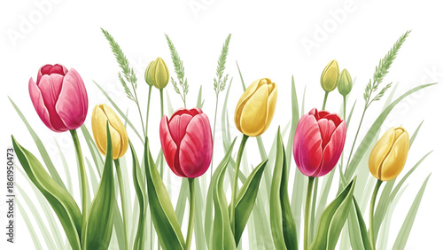 Modern vector watercolor-style floral and nature wallpaper with tulips, grass blades, and buds in fresh spring layout, botanical background for wallpapers and decorative surfaces
