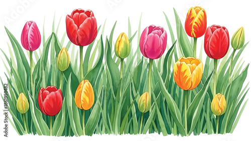 Modern vector watercolor-style floral and nature wallpaper with tulips, grass blades, and buds in fresh spring layout, botanical background for wallpapers and decorative surfaces