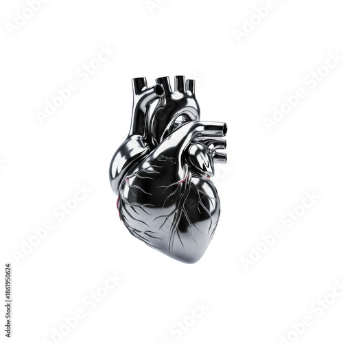anatomically precise 3d model of a human heart rendered in reflective chrome silver, floating against a light grey studio background with copy space and volumetric rim lighting. concept of advanced
